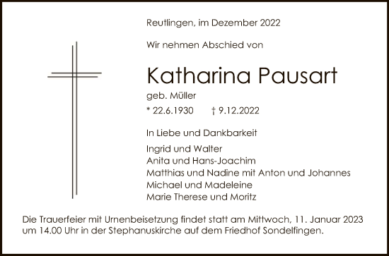 Anzeige von Katharina Pausart von Reutlinger General-Anzeiger