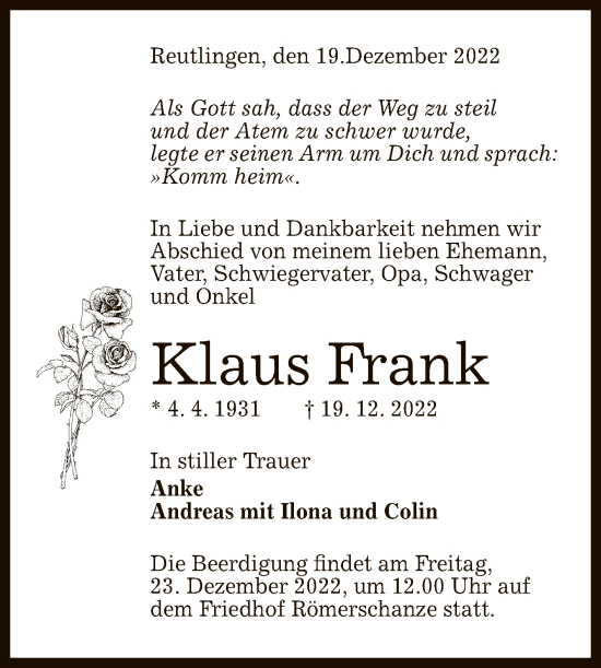 Anzeige von Klaus Frank von Reutlinger General-Anzeiger