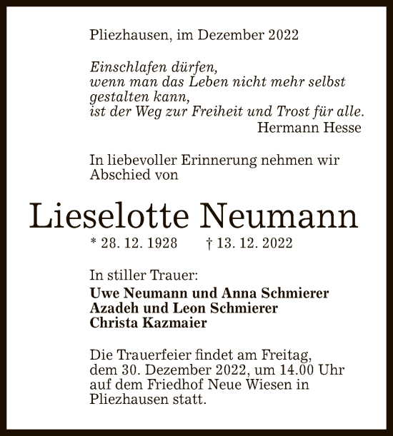 Anzeige von Lieselotte Neumann von Reutlinger General-Anzeiger