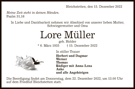 Anzeige von Lore Müller von Reutlinger General-Anzeiger