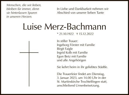 Anzeige von Luise Merz-Bachmann von Reutlinger General-Anzeiger