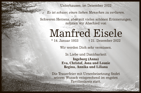 Anzeige von Manfred Eisele von Reutlinger General-Anzeiger