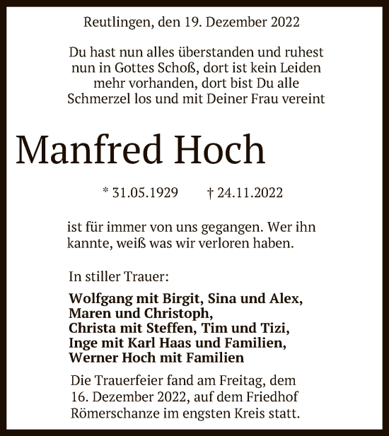 Anzeige von Manfred Hoch von Reutlinger General-Anzeiger