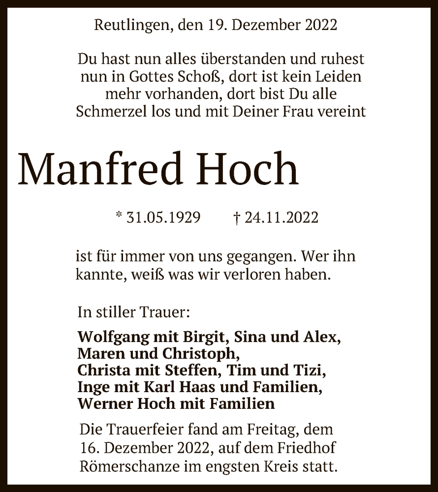  Traueranzeige für Manfred Hoch vom 19.12.2022 aus Reutlinger General-Anzeiger