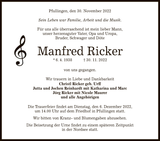 Anzeige von Manfred Ricker von Reutlinger General-Anzeiger