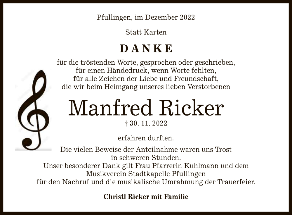  Traueranzeige für Manfred Ricker vom 28.12.2022 aus Reutlinger General-Anzeiger