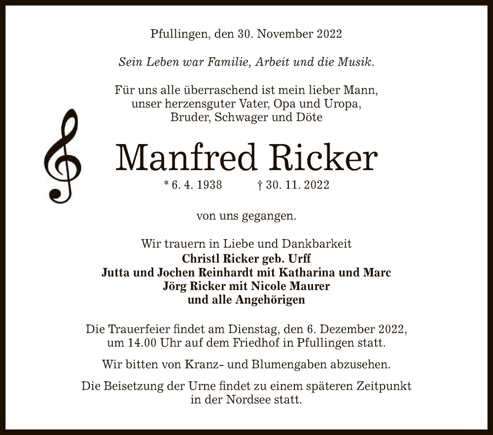  Traueranzeige für Manfred Ricker vom 03.12.2022 aus Reutlinger General-Anzeiger