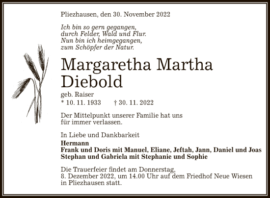Anzeige von Margaretha Martha Diebold von Reutlinger General-Anzeiger