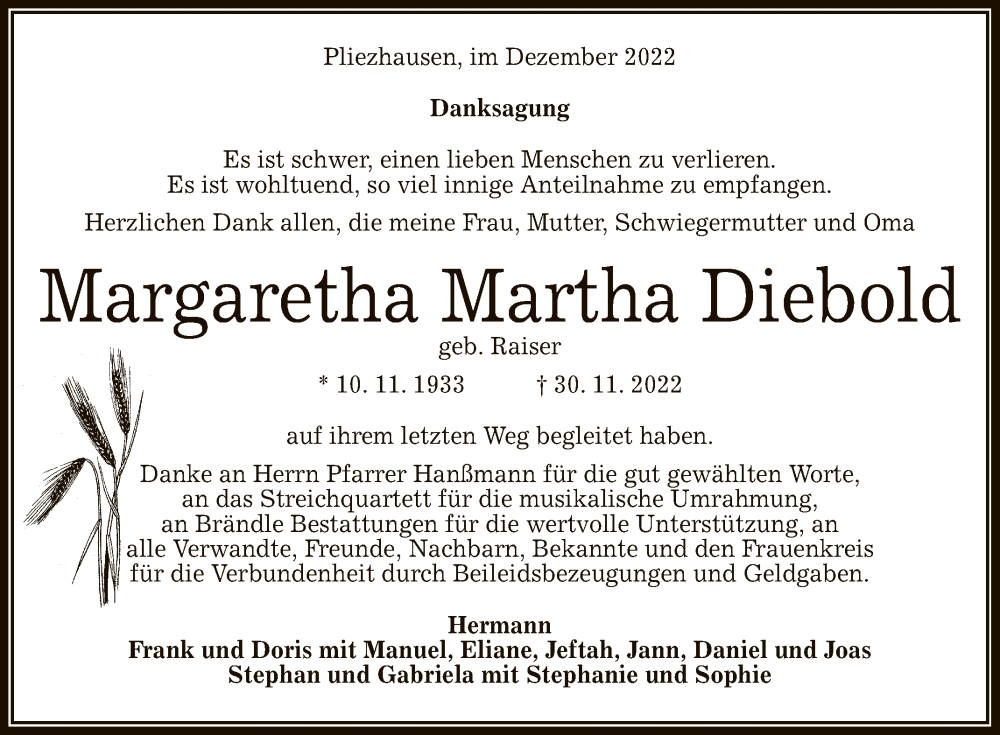  Traueranzeige für Margaretha Martha Diebold vom 14.12.2022 aus Reutlinger General-Anzeiger