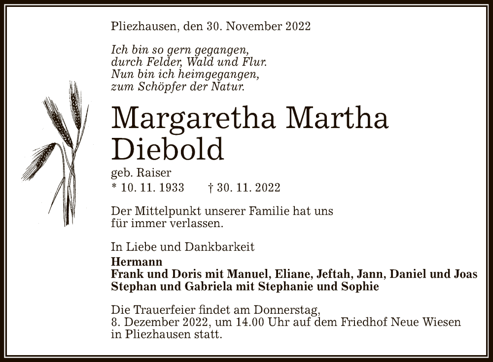  Traueranzeige für Margaretha Martha Diebold vom 05.12.2022 aus Reutlinger General-Anzeiger