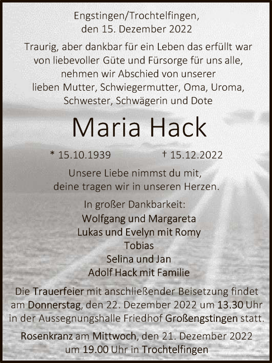 Anzeige von Maria Hack von Reutlinger General-Anzeiger