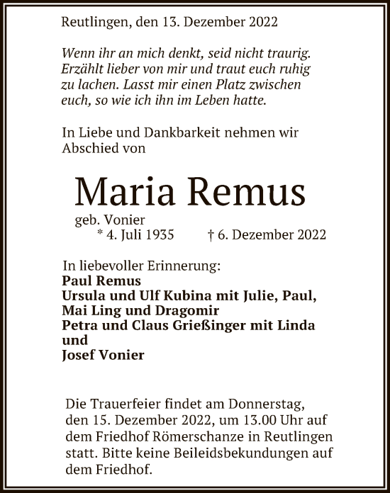Anzeige von Maria Remus von Reutlinger General-Anzeiger