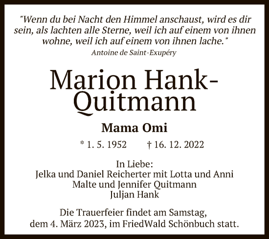 Anzeige von Marion Hank-Quitmann von Reutlinger General-Anzeiger