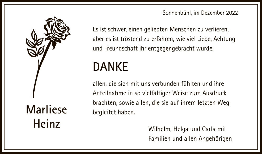  Traueranzeige für Marliese Heinz vom 16.12.2022 aus Reutlinger General-Anzeiger