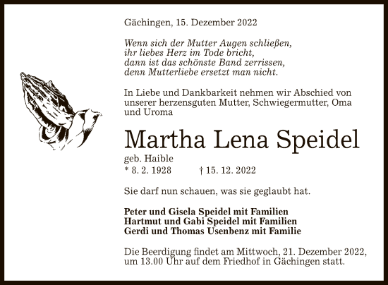 Anzeige von Martha Lena Speidel von Reutlinger General-Anzeiger