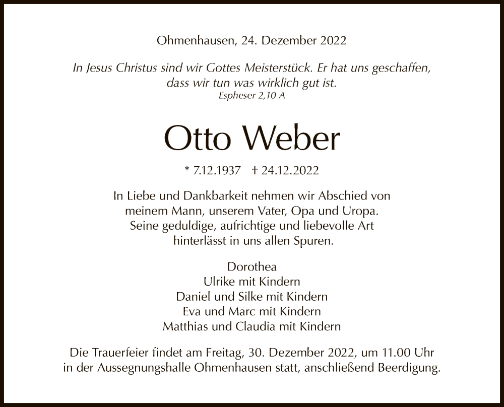  Traueranzeige für Otto Weber vom 28.12.2022 aus Reutlinger General-Anzeiger