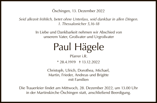Anzeige von Paul Hägele von Reutlinger General-Anzeiger