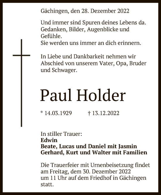 Anzeige von Paul Holder von Reutlinger General-Anzeiger