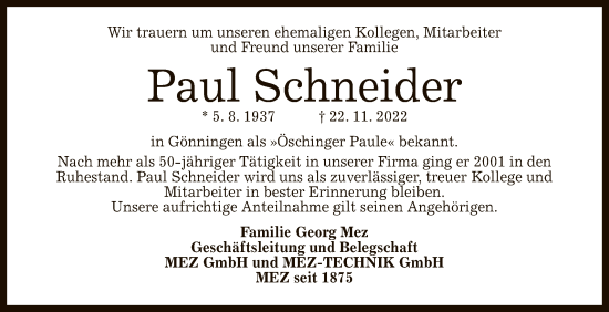 Anzeige von Paul Schneider von Reutlinger General-Anzeiger