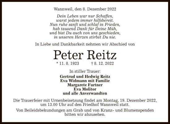 Anzeige von Peter Reitz von Reutlinger General-Anzeiger