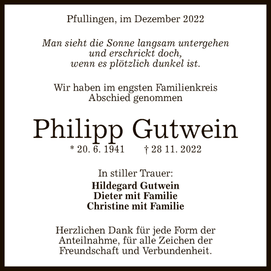Anzeige von Philipp Gutwein von Reutlinger General-Anzeiger