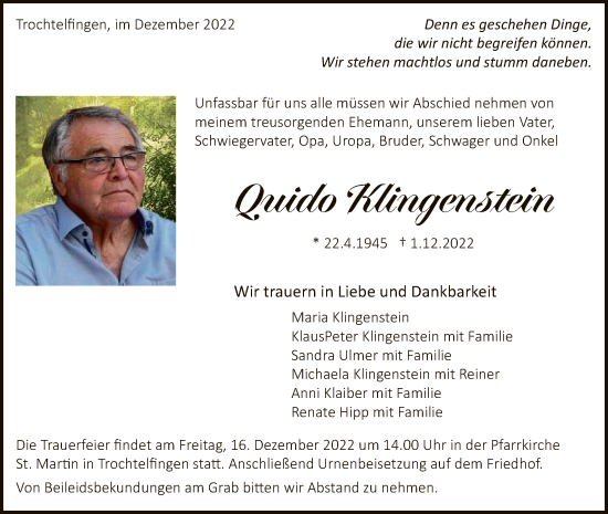 Anzeige von Quido Klingenstein von Reutlinger General-Anzeiger