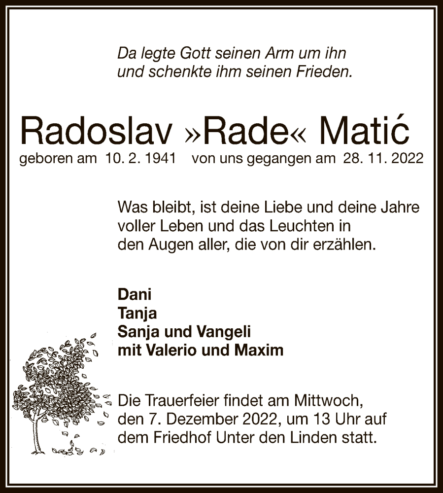  Traueranzeige für Radoslav Matic vom 03.12.2022 aus Reutlinger General-Anzeiger