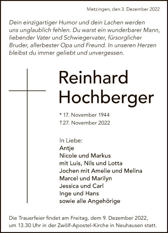 Anzeige von Reinhard Hochberger von Reutlinger General-Anzeiger