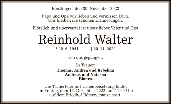 Anzeige von Reinhold Walter von Reutlinger General-Anzeiger