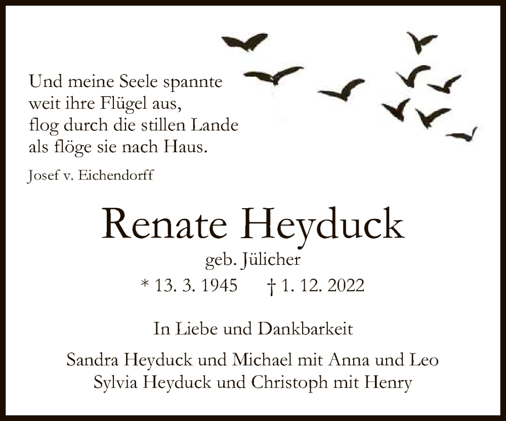  Traueranzeige für Renate Heyduck vom 03.12.2022 aus Reutlinger General-Anzeiger