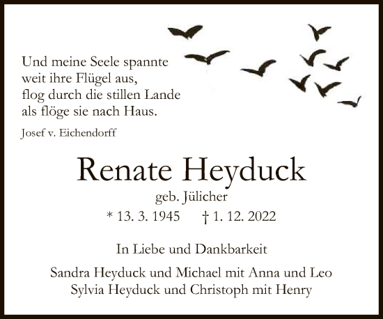 Anzeige von Renate Heyduck von Reutlinger General-Anzeiger