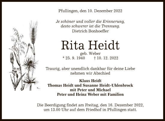 Anzeige von Rita Heidt von Reutlinger General-Anzeiger