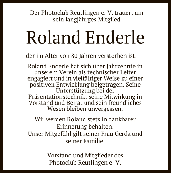 Anzeige von Roland Enderle von Reutlinger General-Anzeiger