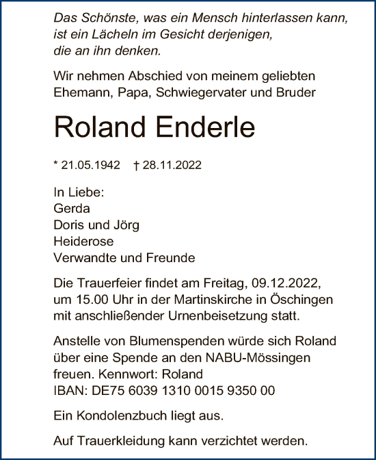 Anzeige von Roland Enderle von Reutlinger General-Anzeiger