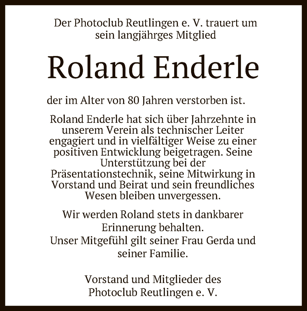  Traueranzeige für Roland Enderle vom 06.12.2022 aus Reutlinger General-Anzeiger
