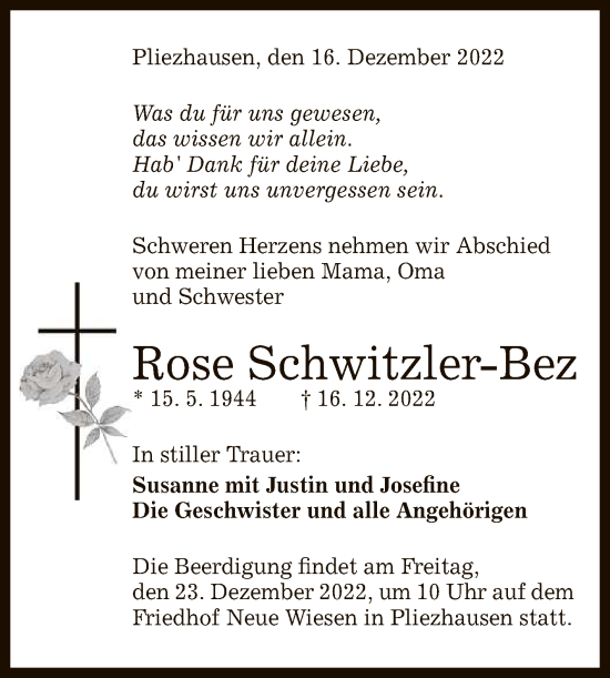 Anzeige von Rose Schwitzler-Bez von Reutlinger General-Anzeiger