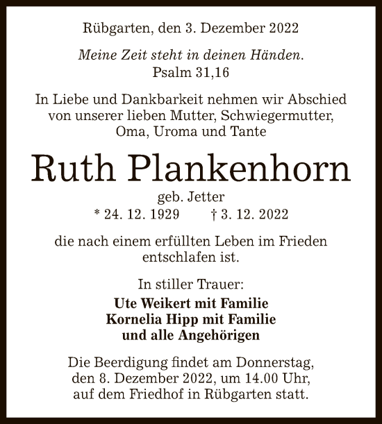 Anzeige von Ruth Plankenhorn von Reutlinger General-Anzeiger