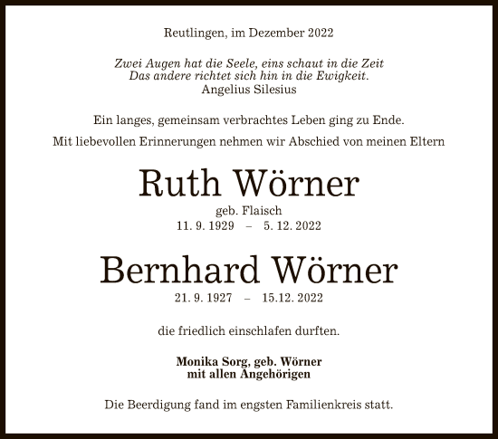 Anzeige von Ruth und Bernhard Wörmer von Reutlinger General-Anzeiger