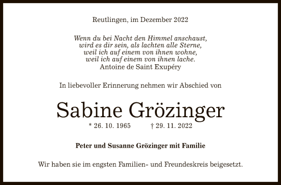 Anzeige von Sabine Grözinger von Reutlinger General-Anzeiger