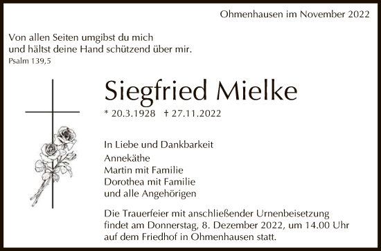Anzeige von Siegfried Mielke von Reutlinger General-Anzeiger