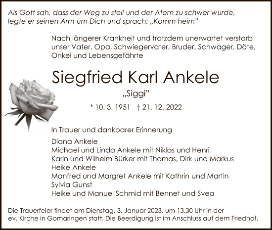 Anzeige von Siegfried Karl Ankele von Reutlinger General-Anzeiger