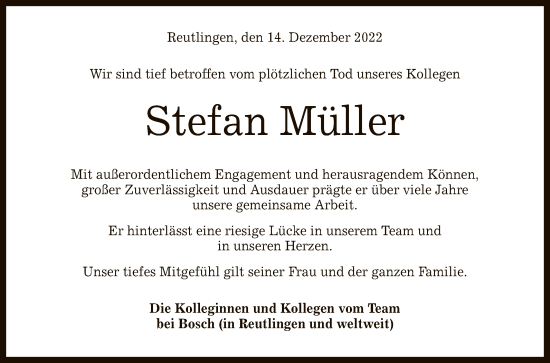 Anzeige von Stefan Müller von Reutlinger General-Anzeiger