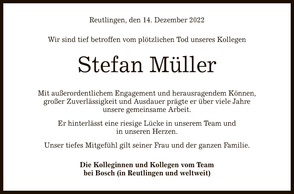  Traueranzeige für Stefan Müller vom 23.12.2022 aus Reutlinger General-Anzeiger