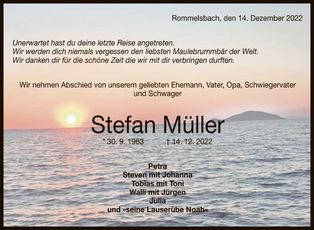  Traueranzeige für Stefan Müller vom 23.12.2022 aus Reutlinger General-Anzeiger