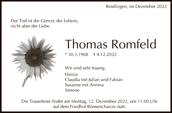 Anzeige von Thomas Romfeld von Reutlinger General-Anzeiger
