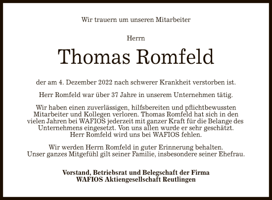 Anzeige von Thomas Romfeld von Reutlinger General-Anzeiger