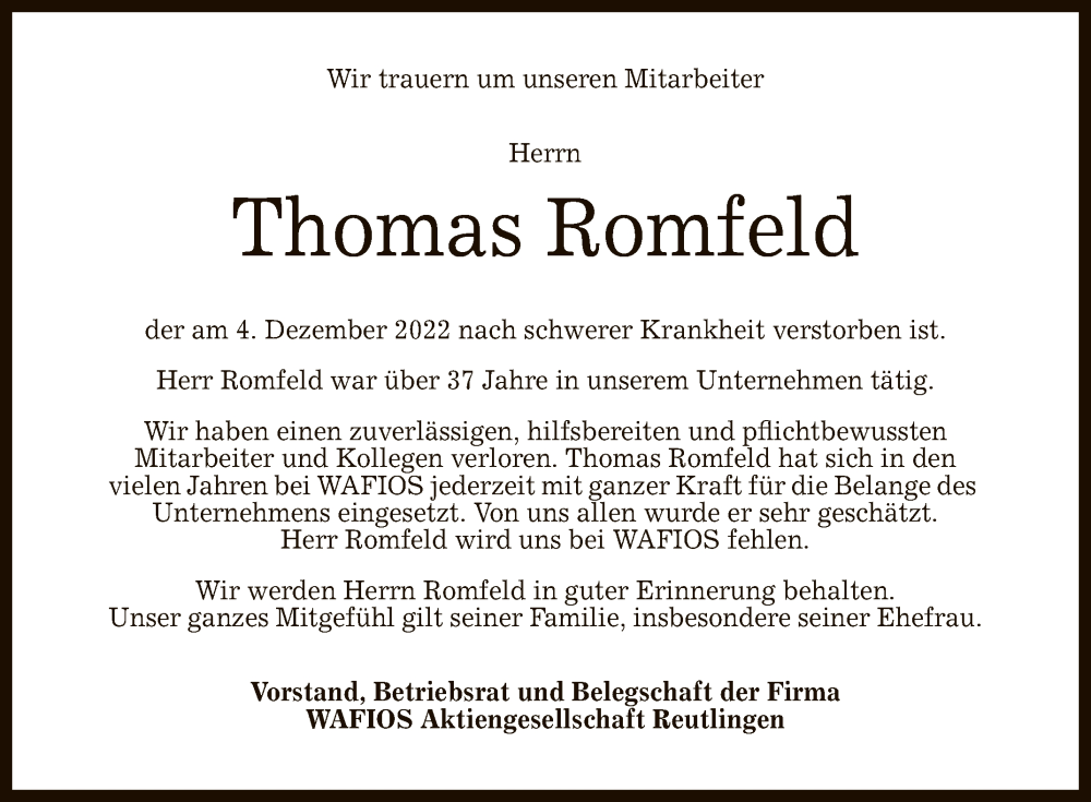 Traueranzeige für Thomas Romfeld vom 08.12.2022 aus Reutlinger General-Anzeiger