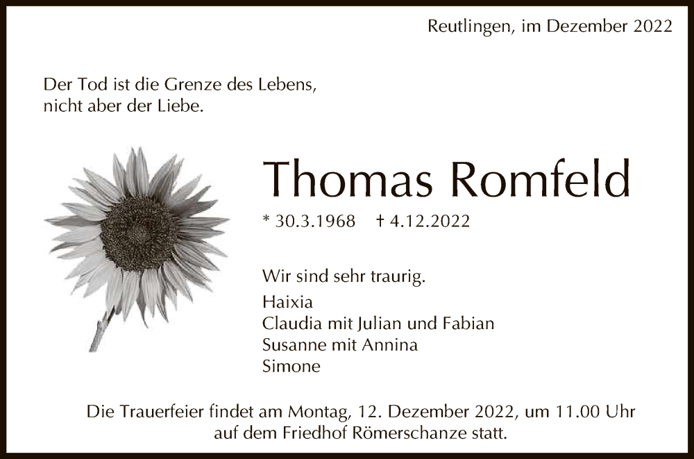  Traueranzeige für Thomas Romfeld vom 08.12.2022 aus Reutlinger General-Anzeiger