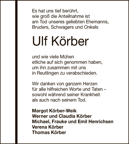 Anzeige von Ulf Körber von Reutlinger General-Anzeiger