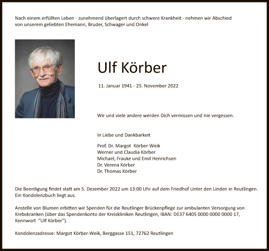 Anzeige von Ulf Körber von Reutlinger General-Anzeiger